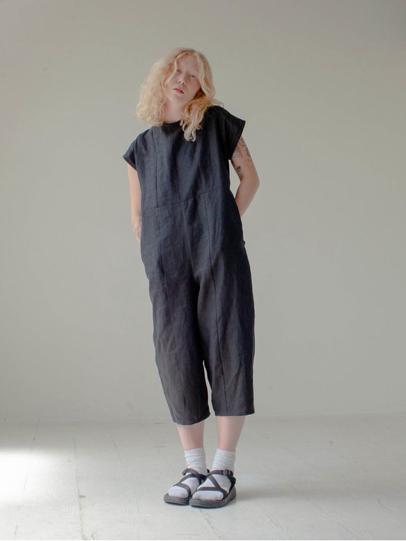 The General Public Women’s 100% Linen Decoy Jumpsuit Lagenlook In Black Xs/S